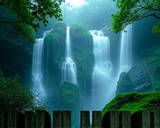 breathtaking Frontline Landscape, serene atmosphere, cascading waterfalls, photorealistic, lush rainforest with misty air and waterfalls, highly detailed, water droplets and foliage, high dynamic range, deep greens and blues, diffused sunlight, shot with a Fujifilm XF 16-55mm f/2.8 R lens.