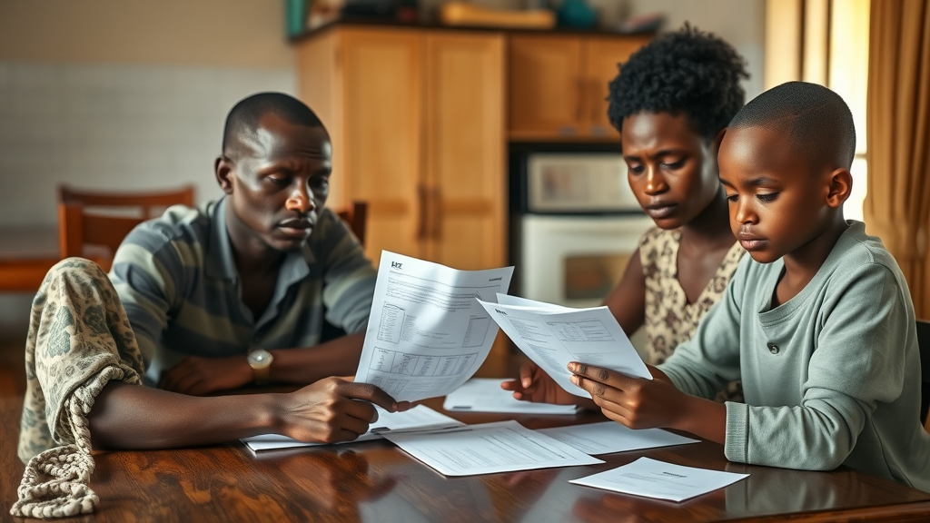Somber Ugandan family reviewing medical bills reflecting the need for affordable health insurance Uganda