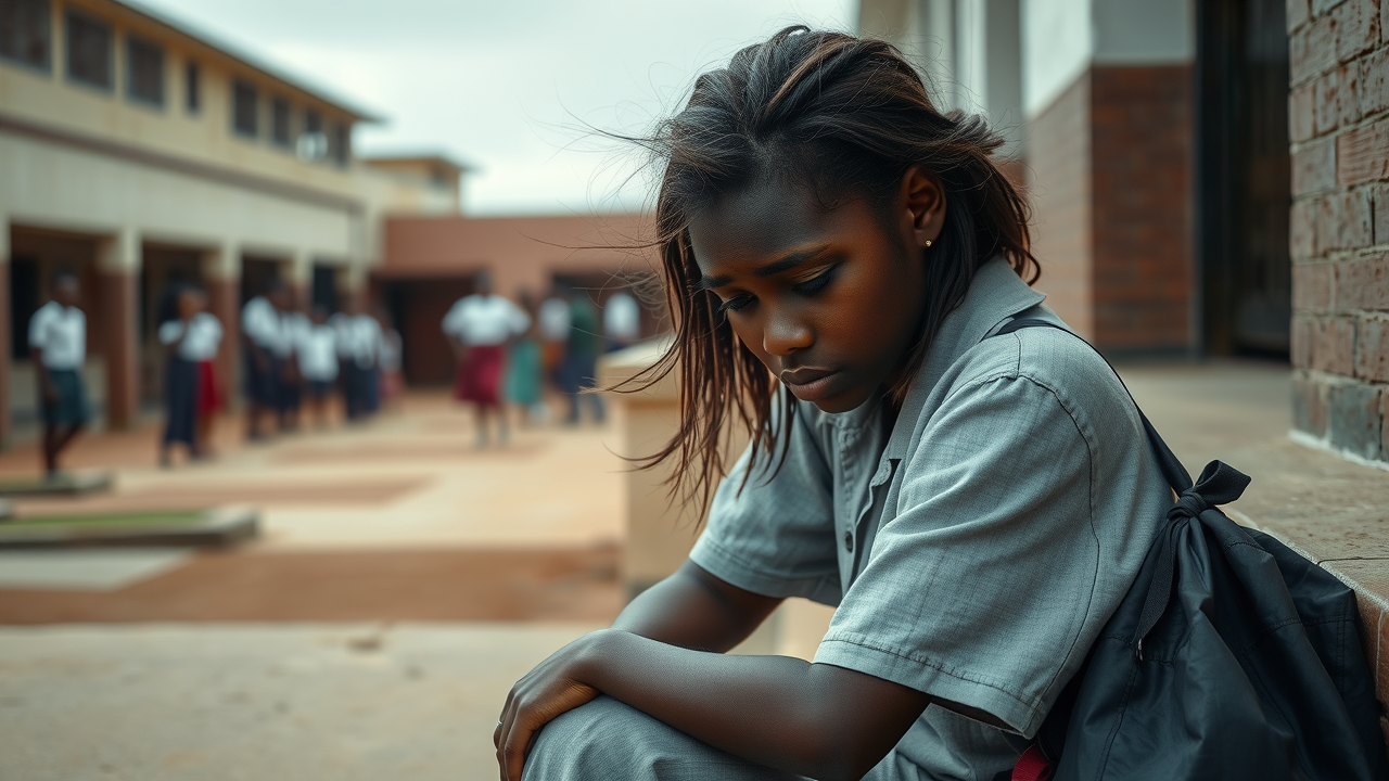 Anguished Ugandan teenage girl sitting alone on school steps, representing stigma and isolation experienced by pregnant girls and young mothers in Uganda.