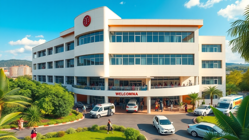 Fluent in healthcare: Case Clinic hospital exterior in Kampala Uganda with vibrant tropical setting