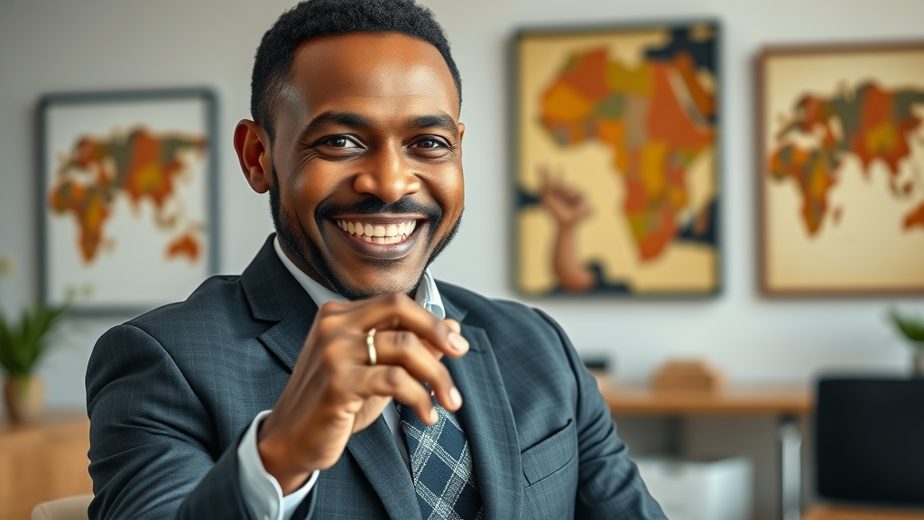 Confident African business leader strategizing digital media channel ownership highlighting media channels african business control