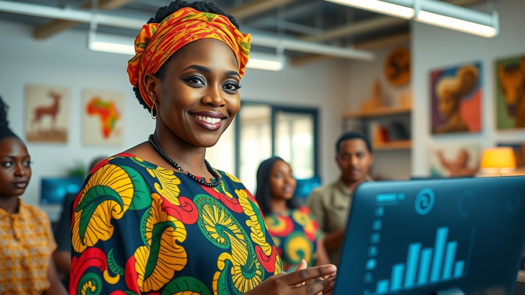Women leading Uganda fintech innovation revolution for digital transformation, mentoring in a tech hub.