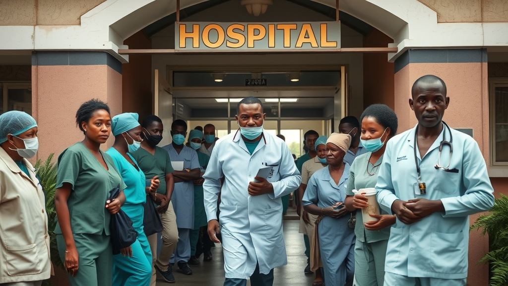 Compelling Ugandan hospital entrance signifying healthcare crisis management Uganda with healthcare workers and patients in action