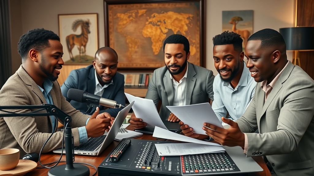 Confident African business leaders collaborating over digital media equipment illustrating media ownership against digital colonialism Africa
