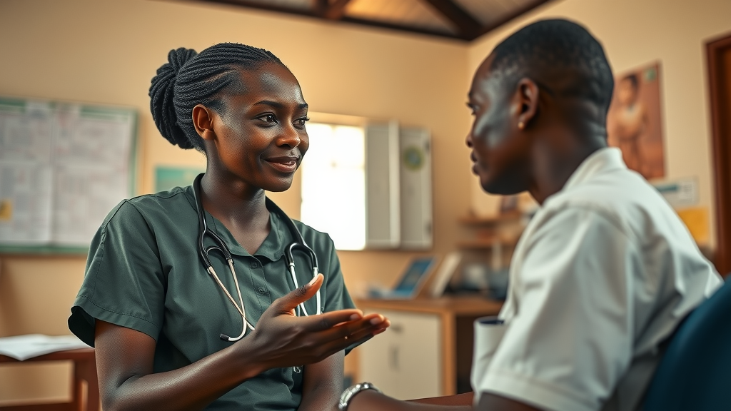 Healthcare worker counseling patient on primary care and chronic disease management in Ugandan satellite clinic