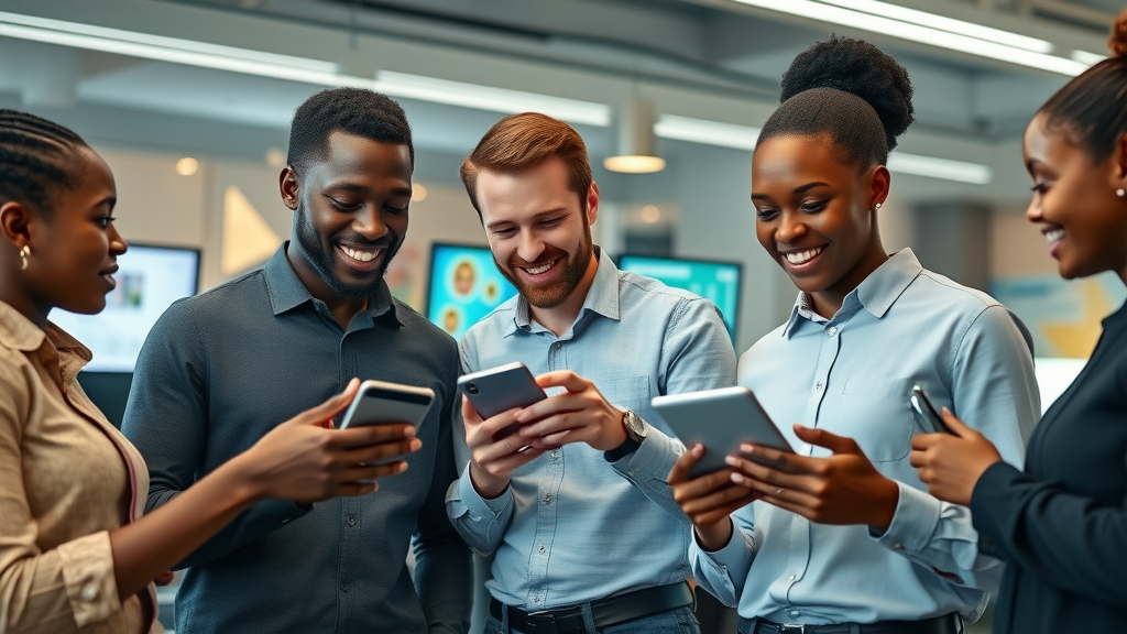Healthcare innovation Uganda: Ugandan tech team demonstrating mobile health platform in modern office