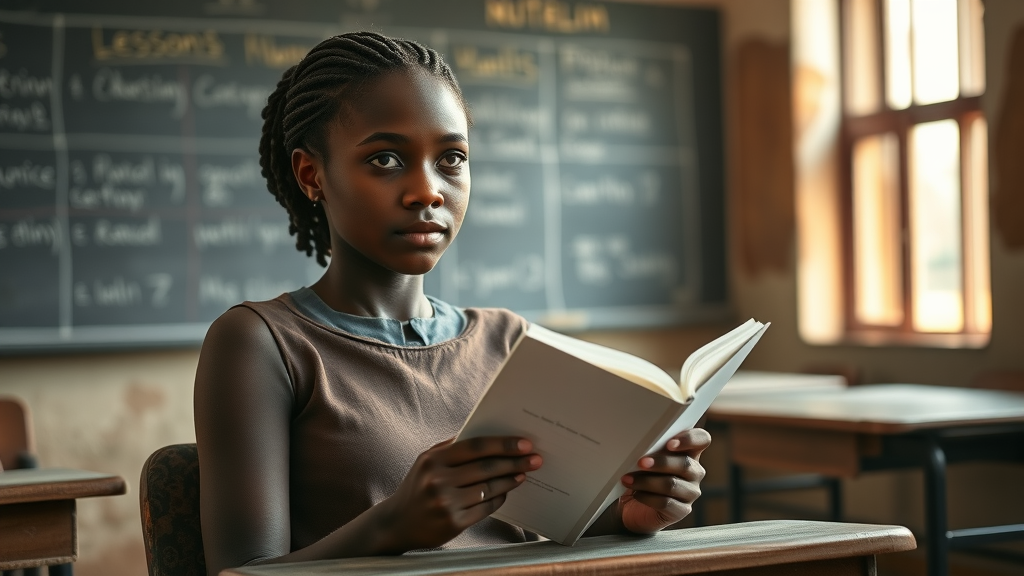 Hopeful Ugandan teenage mother holding a schoolbook at an empty classroom desk, symbolizing education disruption for young mothers in Uganda.