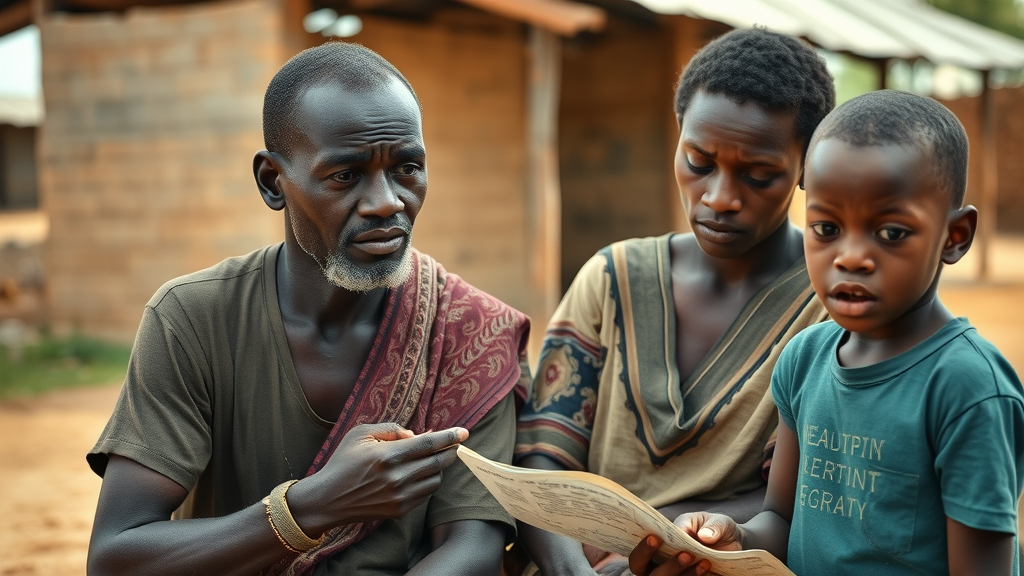 Somber rural Ugandan family discussing healthcare options illustrating case medcare insurance benefits