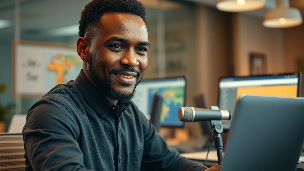 Engaged African entrepreneur managing email marketing and podcast production for digital sovereignty Africa